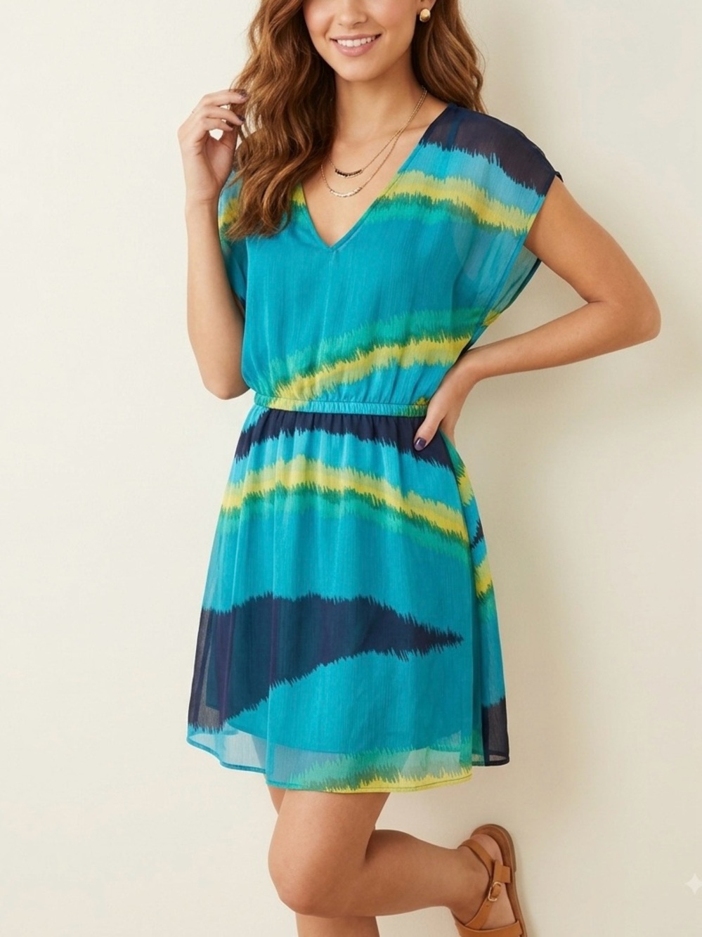 Express Abstract Wave Sheer V-Neck Mini Dress - Size Small (S/P)